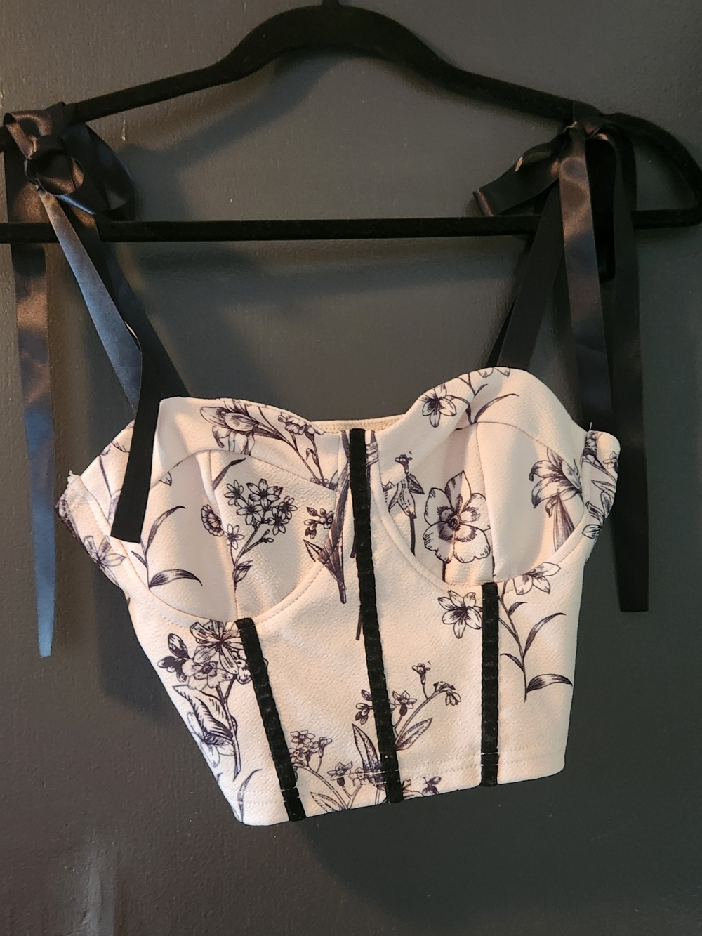 Floral Bustier Crop Top with Black Ribbon Straps